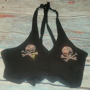 Black Bling Skull Halter Crop Top